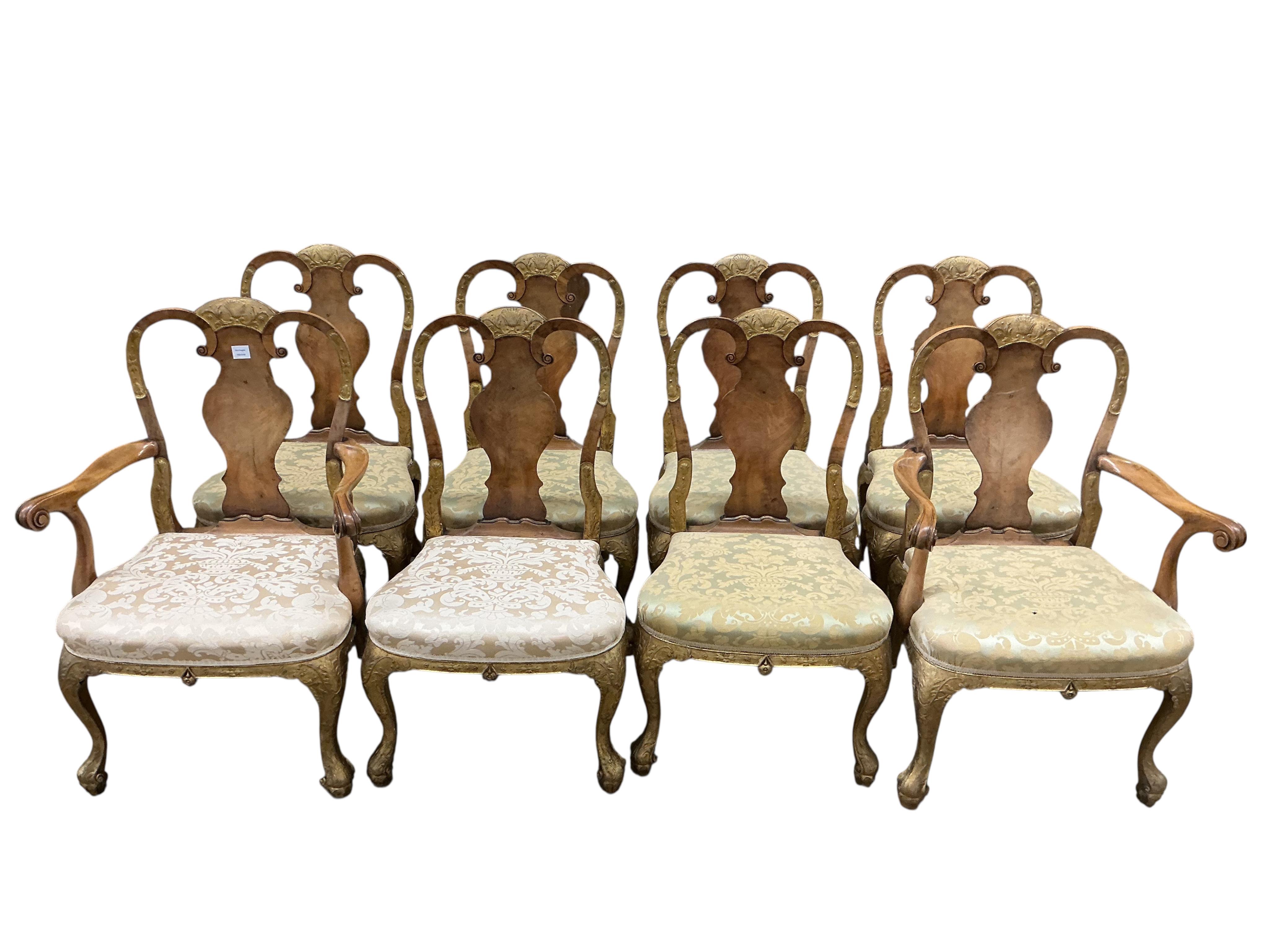 A set of eight George I style walnut and parcelgilt dining chairs, two with arms